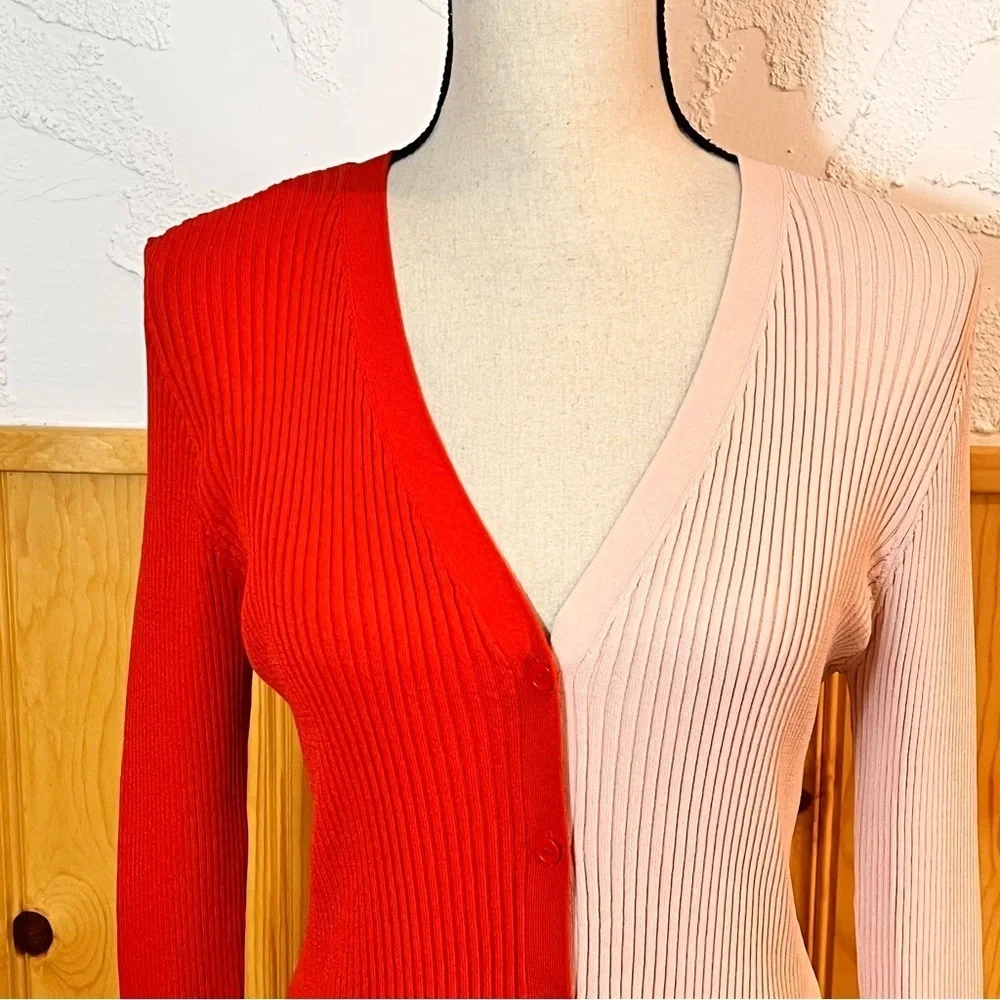 STAUD Color Block Ribbed Knit V-Neck Cargo Cardigan Sweater Sz-M - Picture 2 of 9